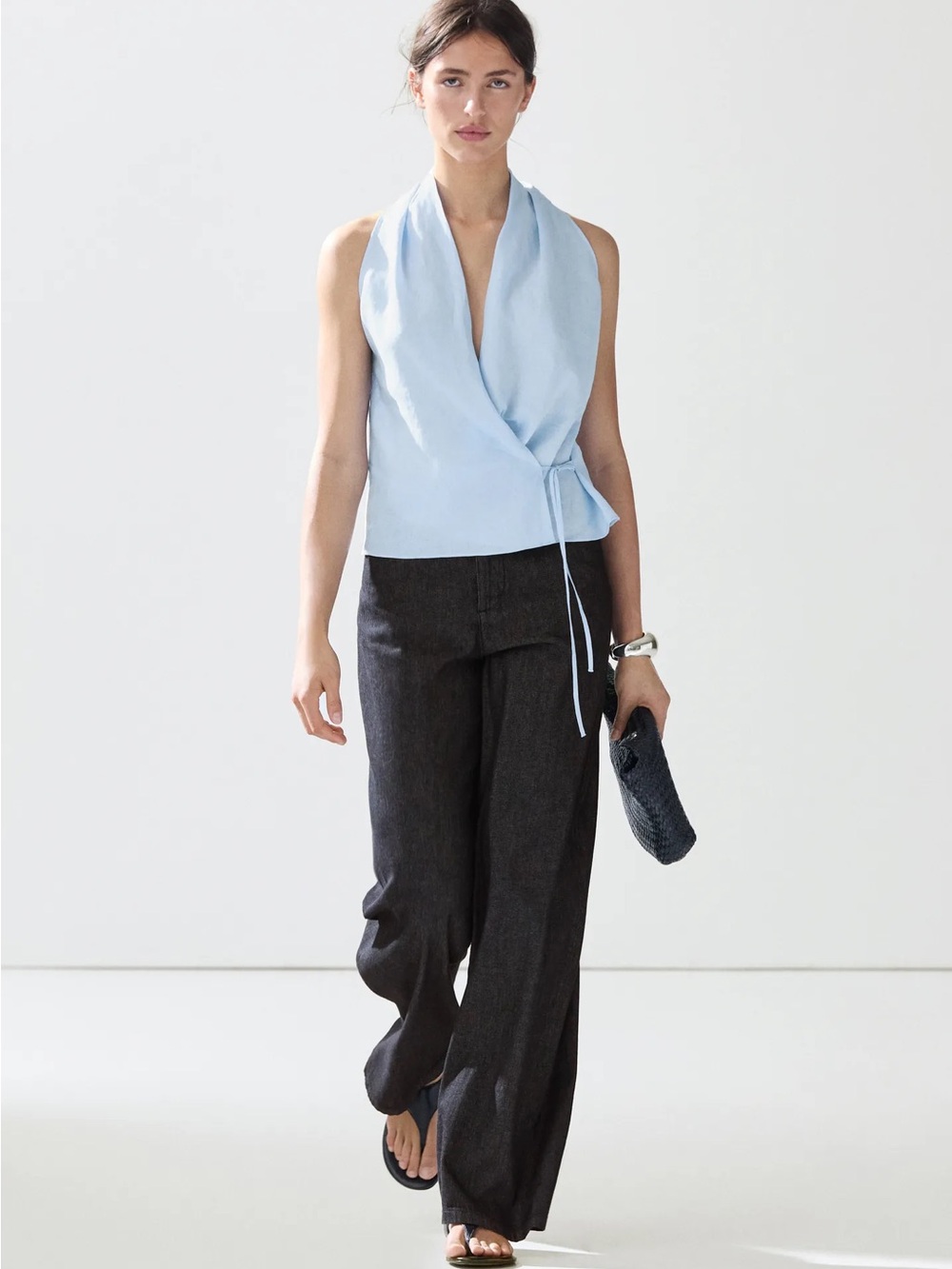 Massimo Dutti Linen Light Blue Sleeveless Crossover Halter Top